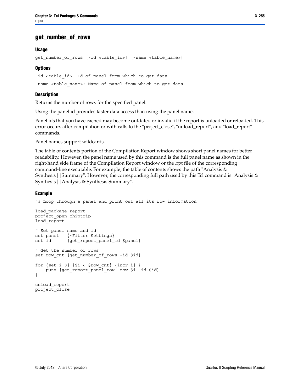 Get_number_of_rows, Usage, Options | Description, Example, Get_number_of_rows –255 | Altera Quartus II Scripting User Manual | Page 385 / 634