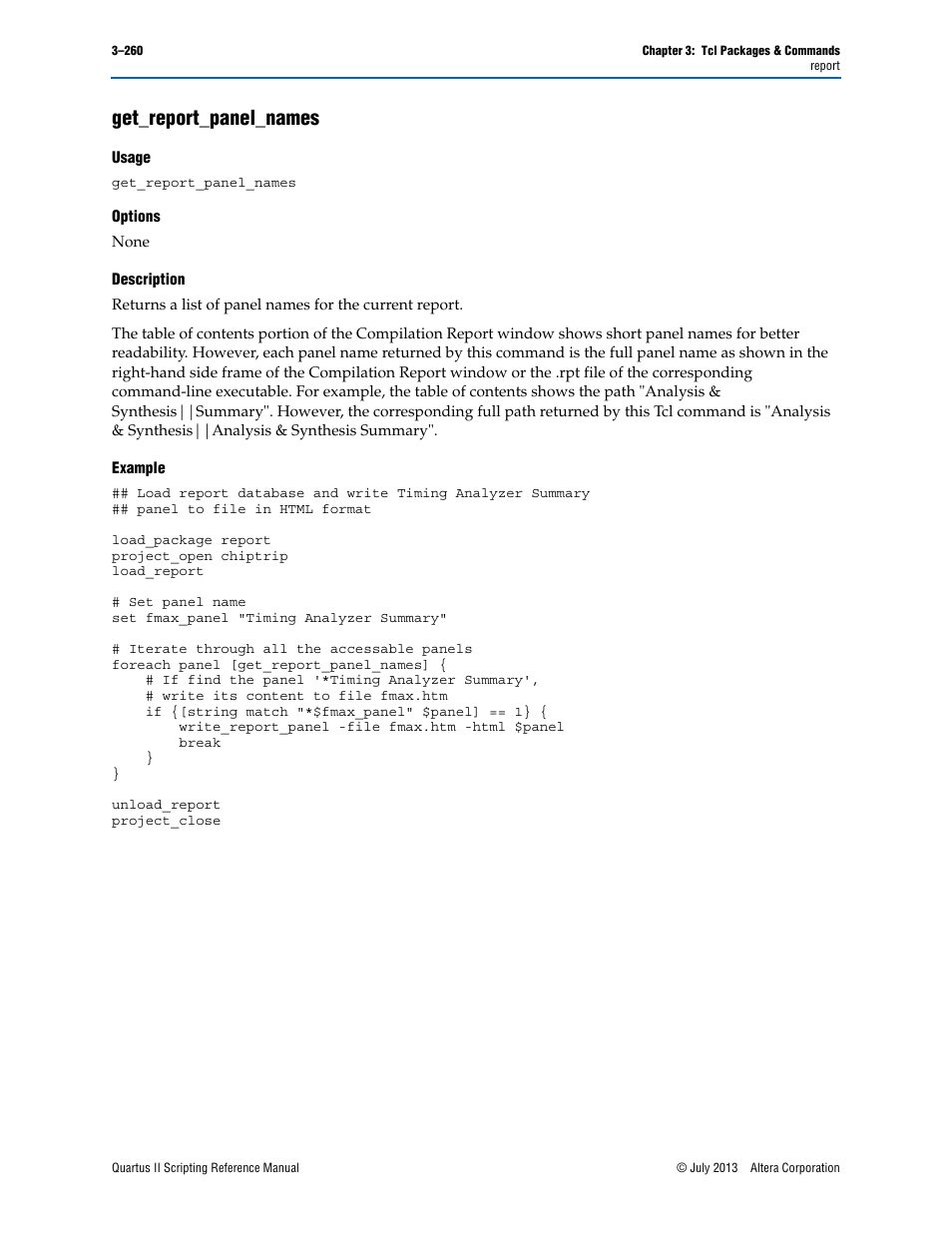 Get_report_panel_names, Usage, Options | Description, Example, Get_report_panel_names –260 | Altera Quartus II Scripting User Manual | Page 390 / 634