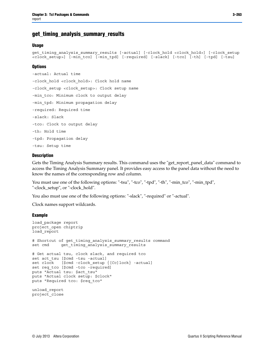 Get_timing_analysis_summary_results, Usage, Options | Description, Example, Get_timing_analysis_summary_results –263 | Altera Quartus II Scripting User Manual | Page 393 / 634