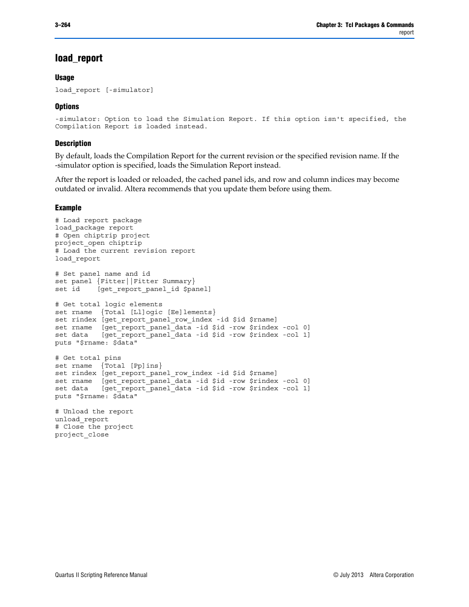 Load_report, Usage, Options | Description, Example, Load_report –264 | Altera Quartus II Scripting User Manual | Page 394 / 634