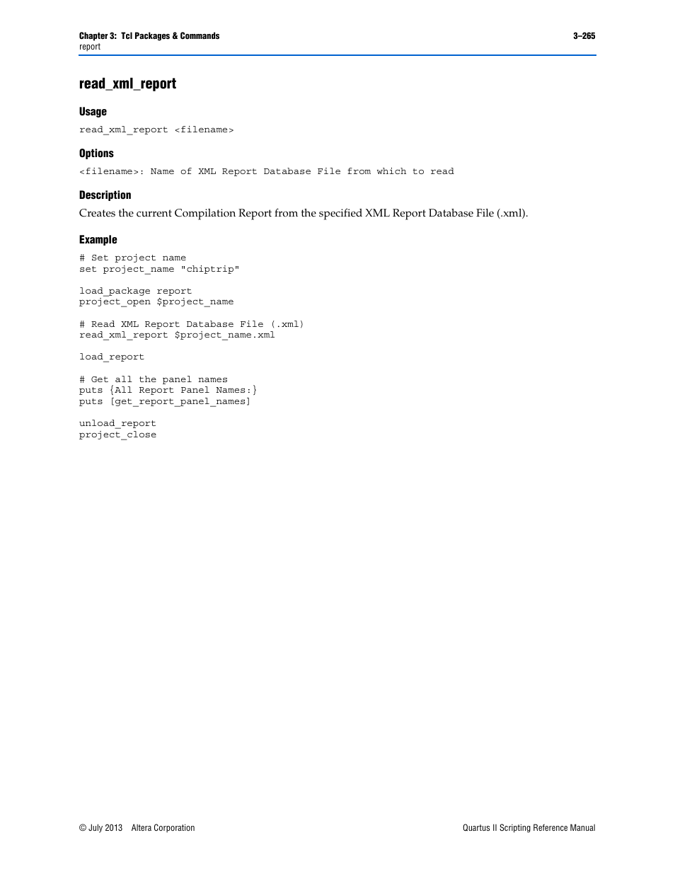 Read_xml_report, Usage, Options | Description, Example, Read_xml_report –265 | Altera Quartus II Scripting User Manual | Page 395 / 634