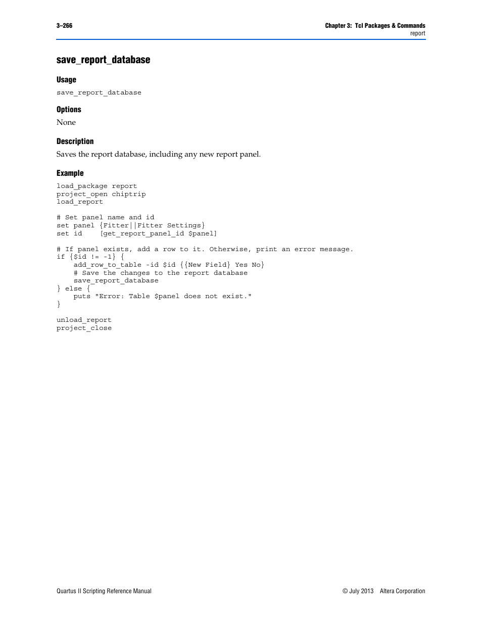 Save_report_database, Usage, Options | Description, Example, Save_report_database –266 | Altera Quartus II Scripting User Manual | Page 396 / 634