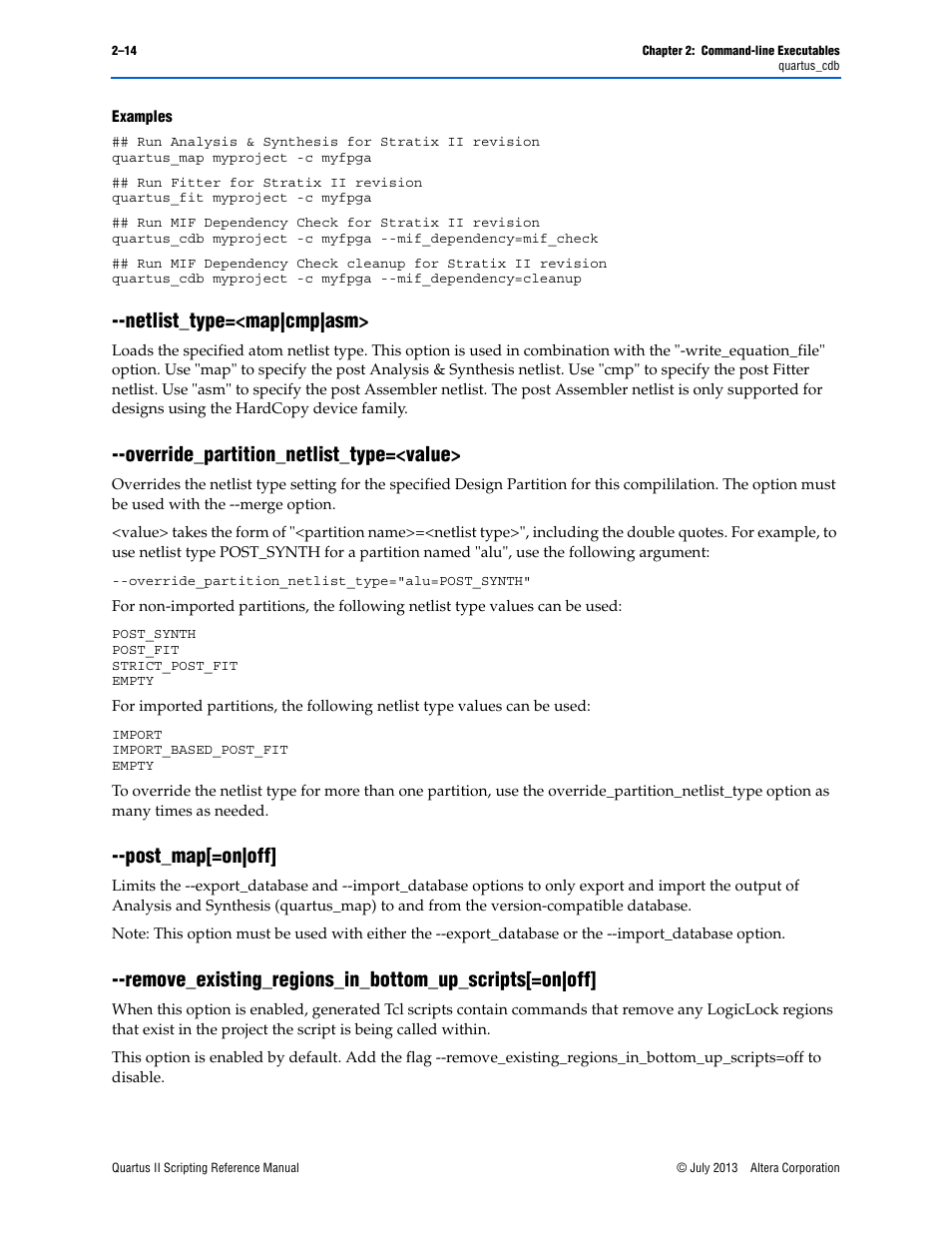 Examples, Netlist_type=<map|cmp|asm, Override_partition_netlist_type=<value | Post_map[=on|off | Altera Quartus II Scripting User Manual | Page 40 / 634
