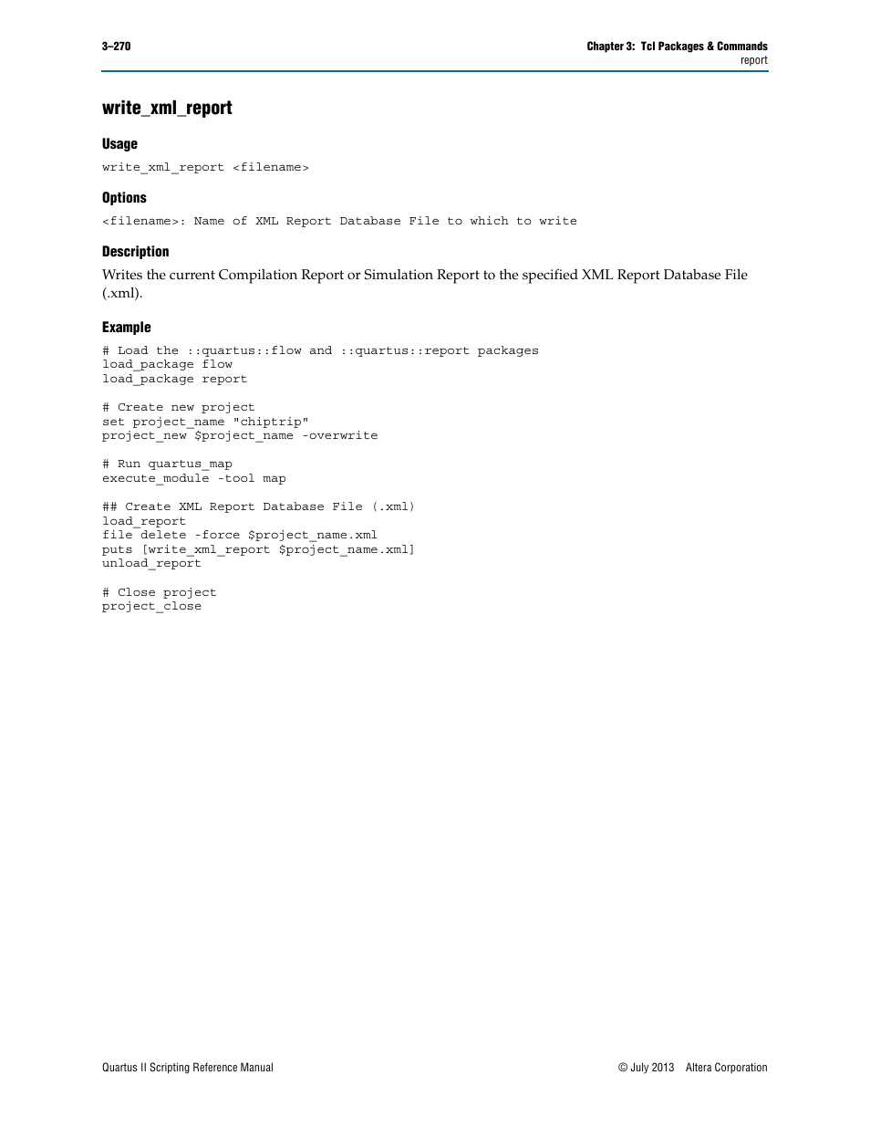 Write_xml_report, Usage, Options | Description, Example, Write_xml_report –270 | Altera Quartus II Scripting User Manual | Page 400 / 634