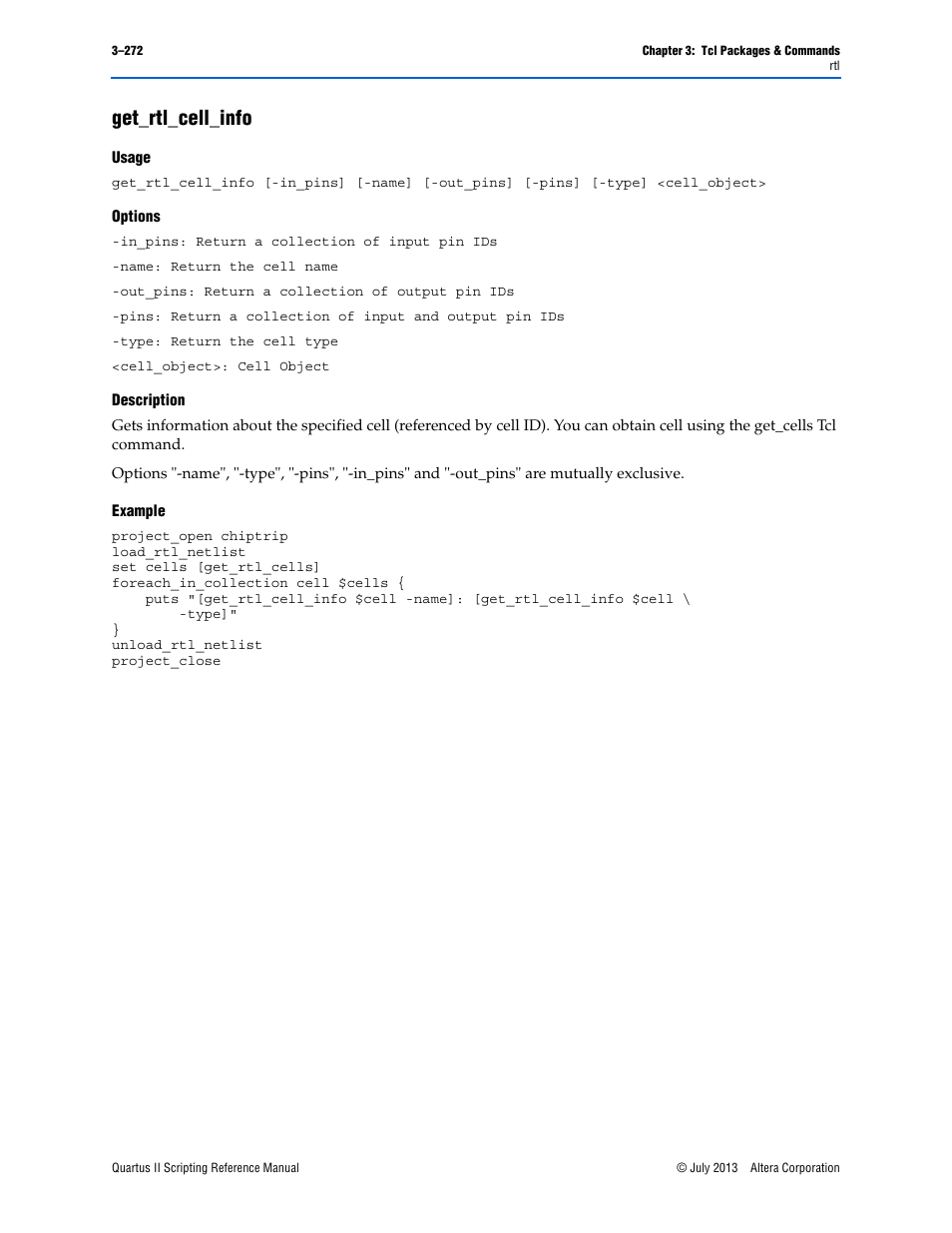 Get_rtl_cell_info, Usage, Options | Description, Example, Get_rtl_cell_info –272 | Altera Quartus II Scripting User Manual | Page 402 / 634