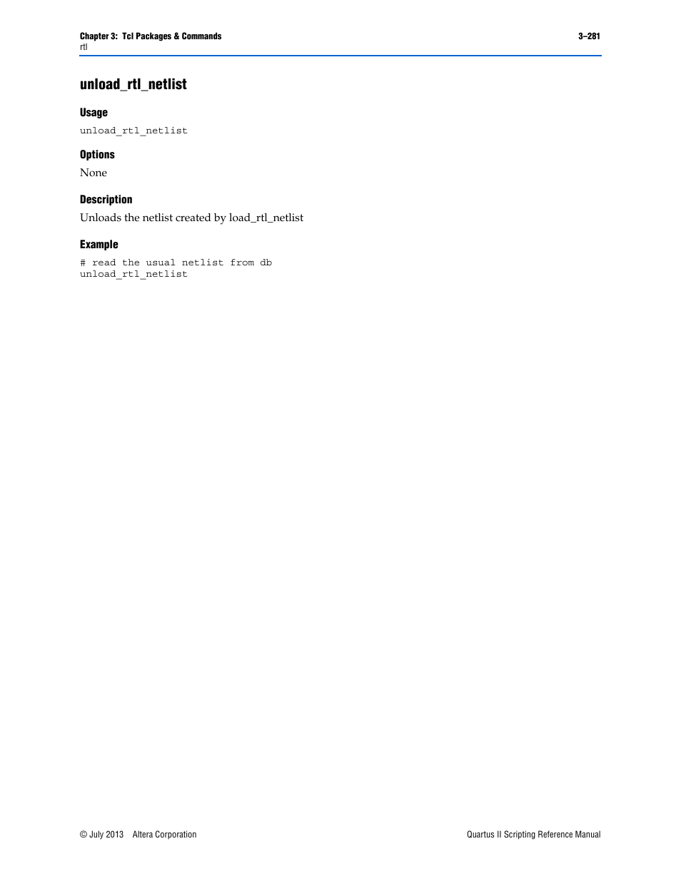Unload_rtl_netlist, Usage, Options | Description, Example, Unload_rtl_netlist –281 | Altera Quartus II Scripting User Manual | Page 411 / 634