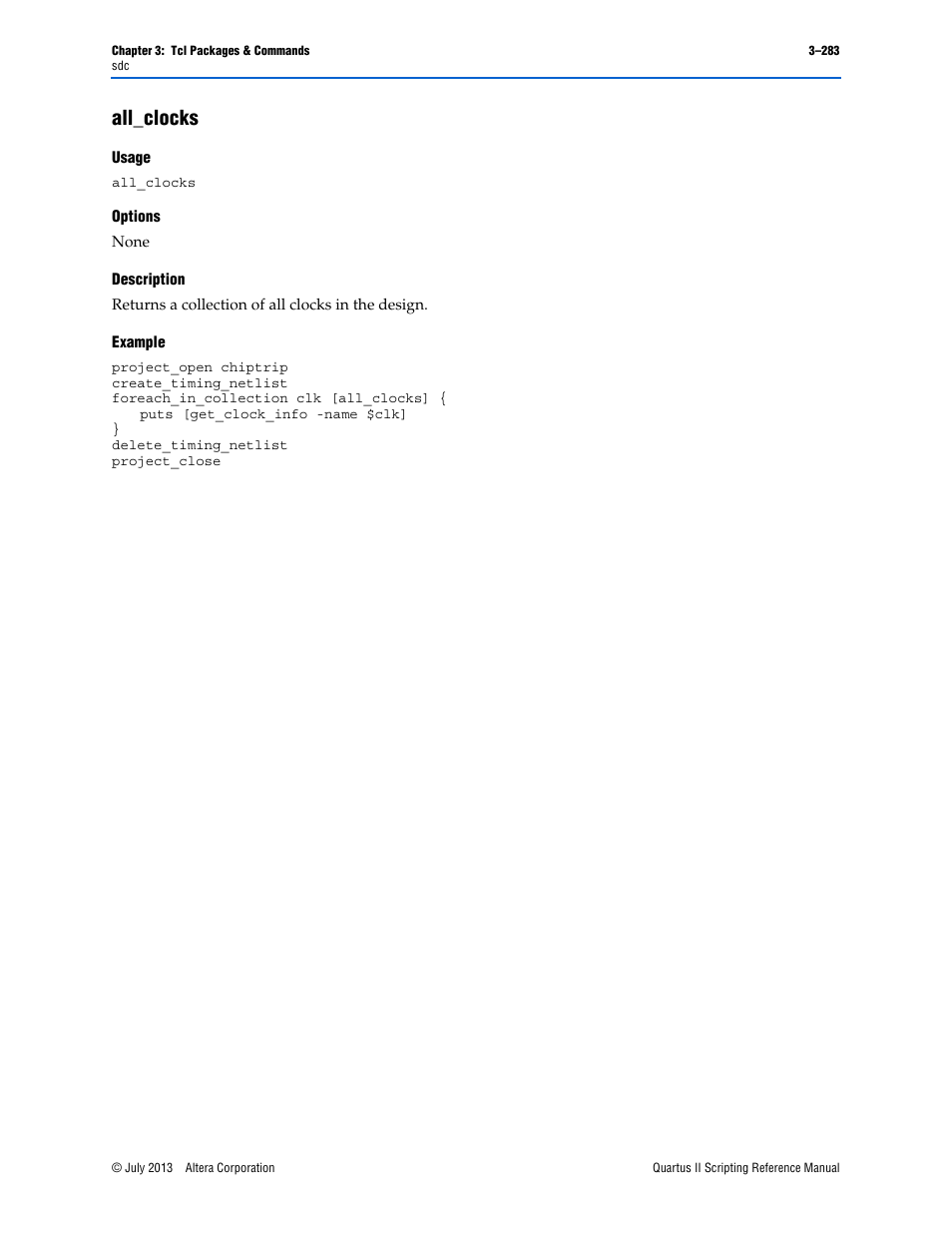 All_clocks, Usage, Options | Description, Example, All_clocks –283 | Altera Quartus II Scripting User Manual | Page 413 / 634