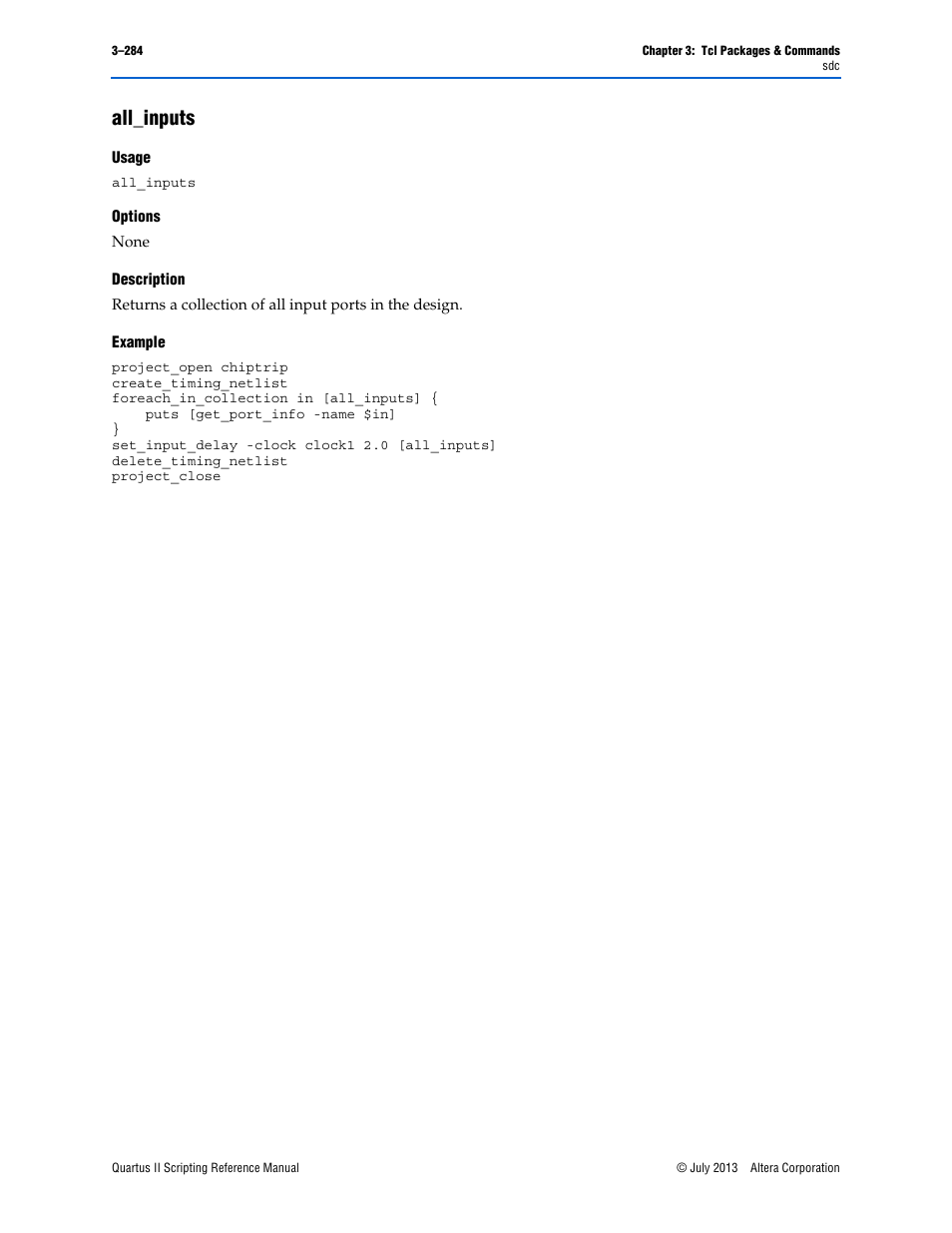 All_inputs, Usage, Options | Description, Example, All_inputs –284 | Altera Quartus II Scripting User Manual | Page 414 / 634
