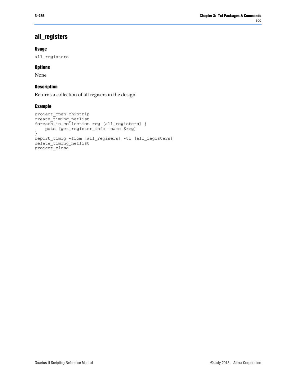All_registers, Usage, Options | Description, Example, All_registers –286 | Altera Quartus II Scripting User Manual | Page 416 / 634