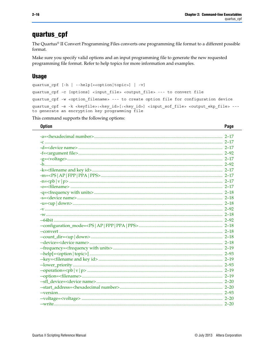 Quartus_cpf, Usage, Quartus_cpf –16 | Usage –16 | Altera Quartus II Scripting User Manual | Page 42 / 634