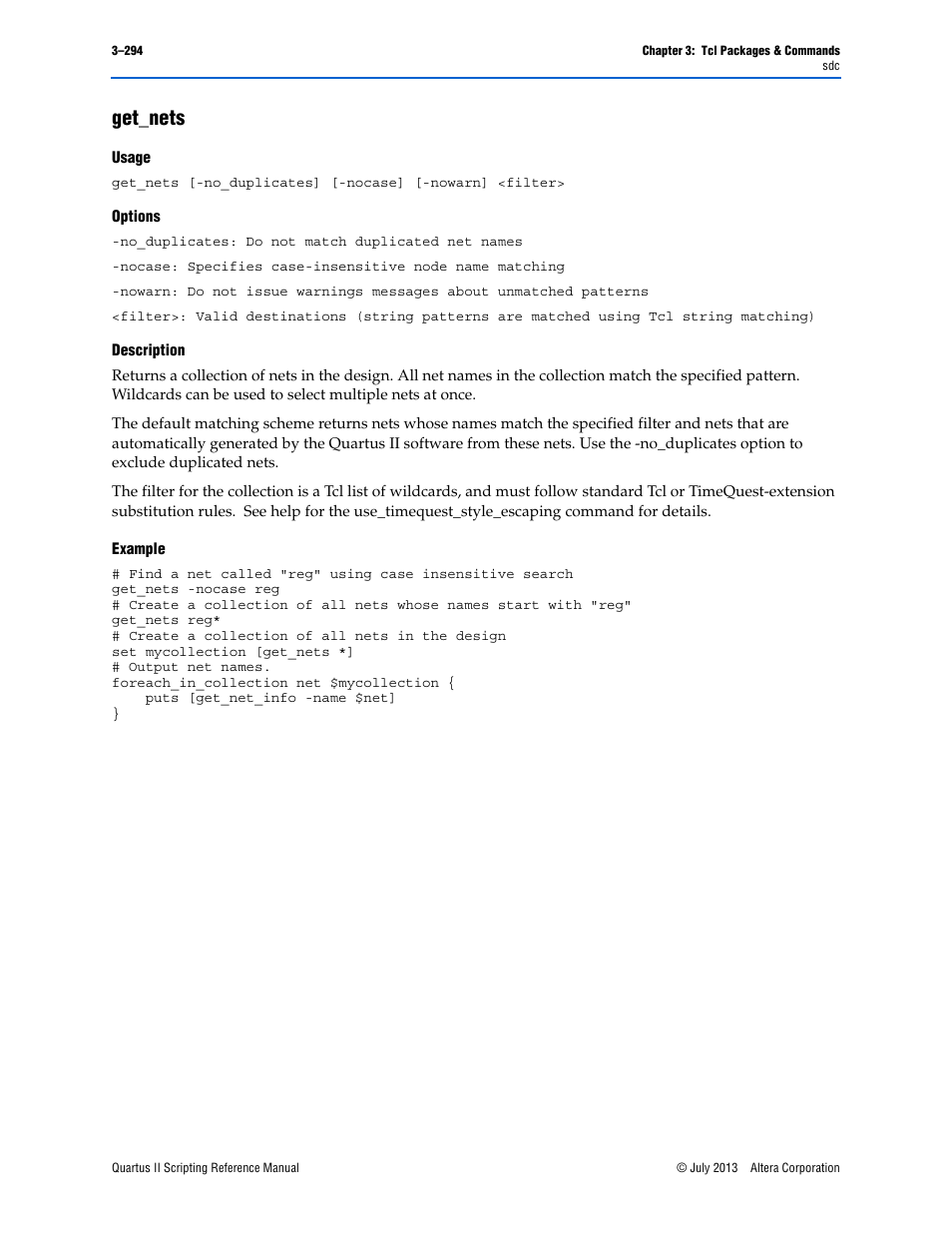 Get_nets, Usage, Options | Description, Example, Get_nets –294 | Altera Quartus II Scripting User Manual | Page 424 / 634