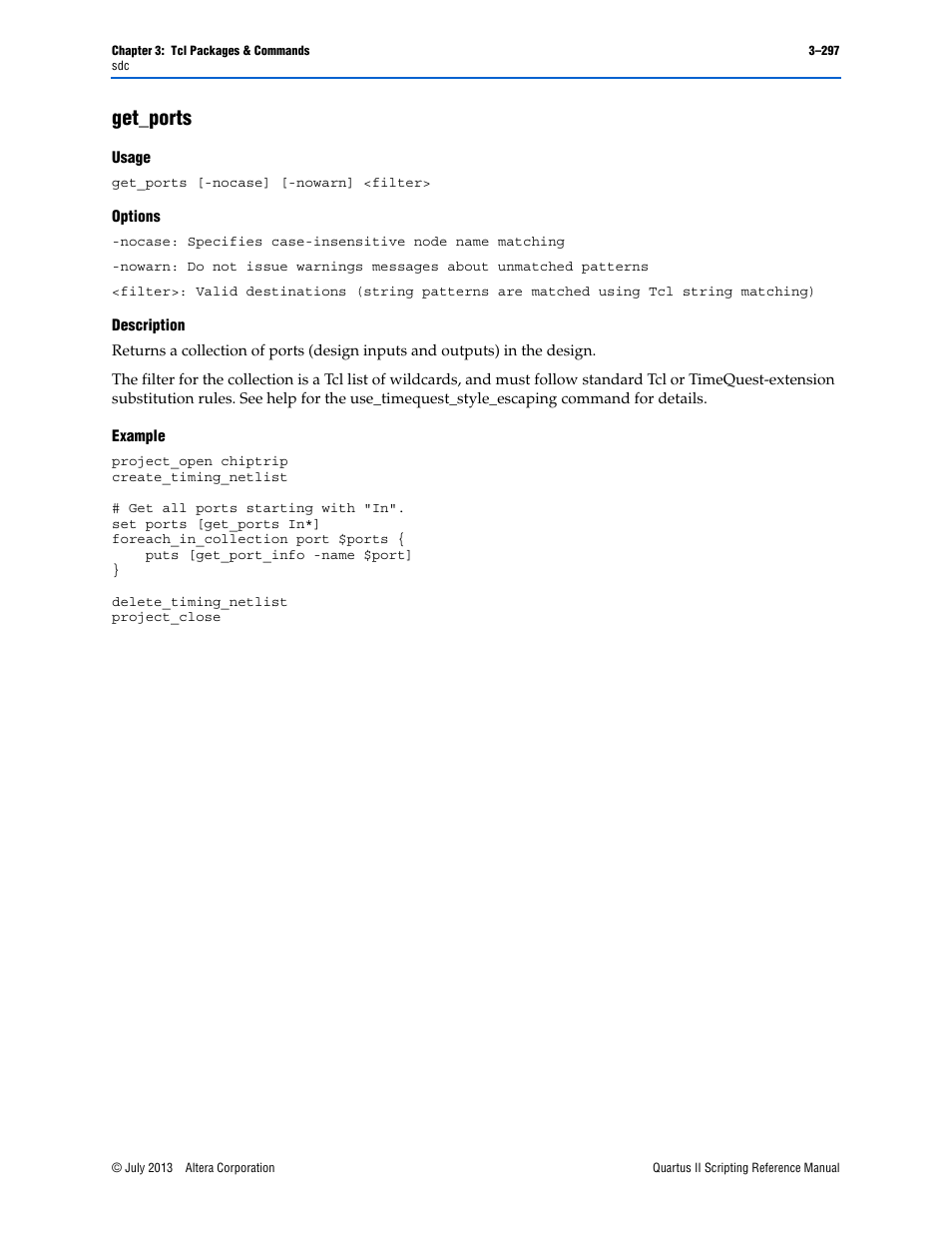 Get_ports, Usage, Options | Description, Example, Get_ports –297 | Altera Quartus II Scripting User Manual | Page 427 / 634
