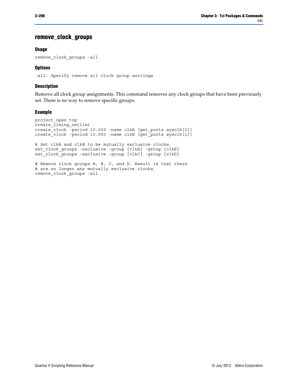 Remove_clock_groups, Usage, Options | Description, Example, Remove_clock_groups –298 | Altera Quartus II Scripting User Manual | Page 428 / 634