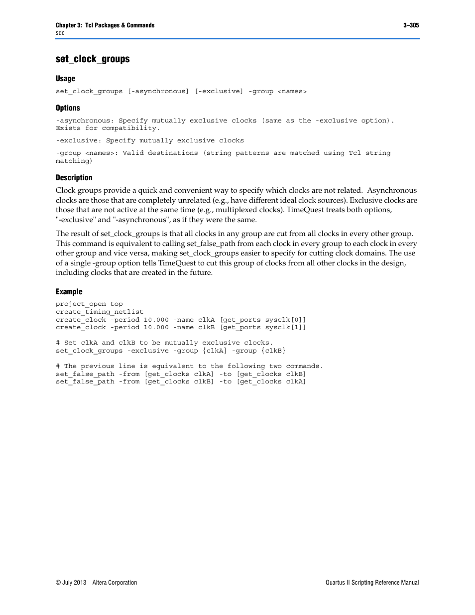 Set_clock_groups, Usage, Options | Description, Example, Set_clock_groups –305 | Altera Quartus II Scripting User Manual | Page 435 / 634