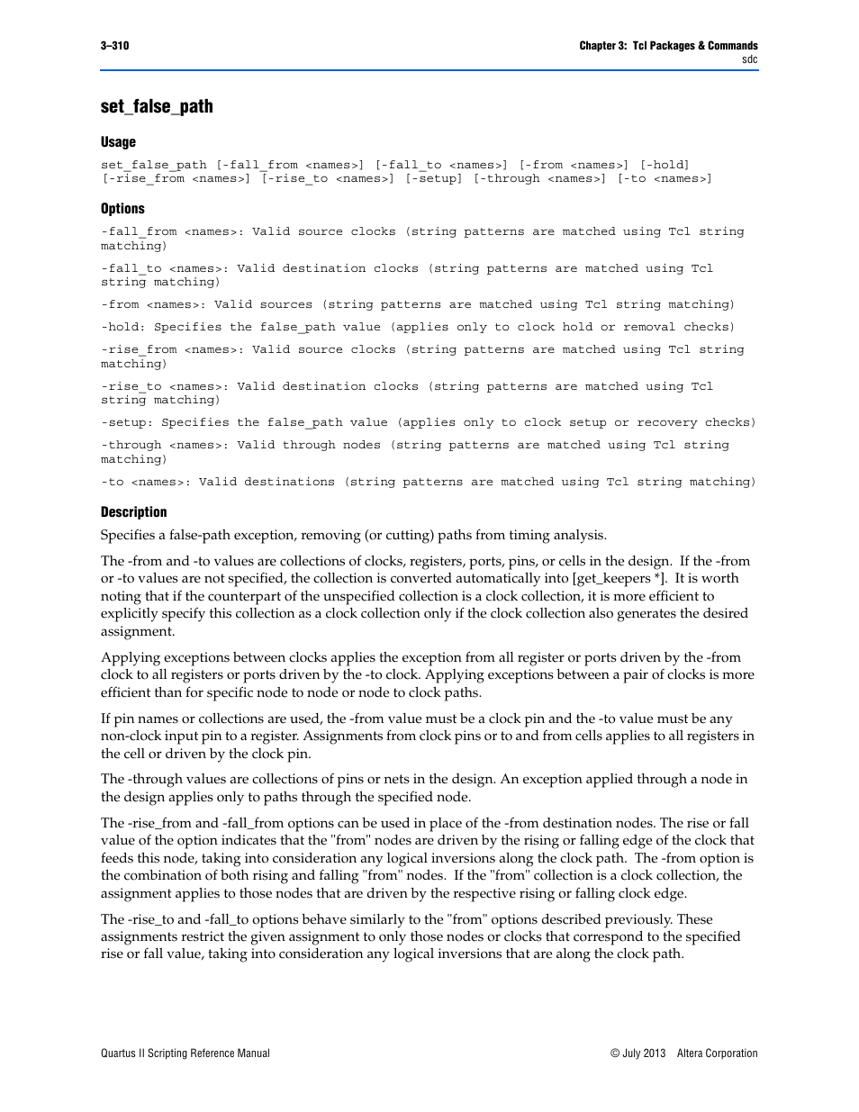 Set_false_path, Usage, Options | Description, Set_false_path –310 | Altera Quartus II Scripting User Manual | Page 440 / 634