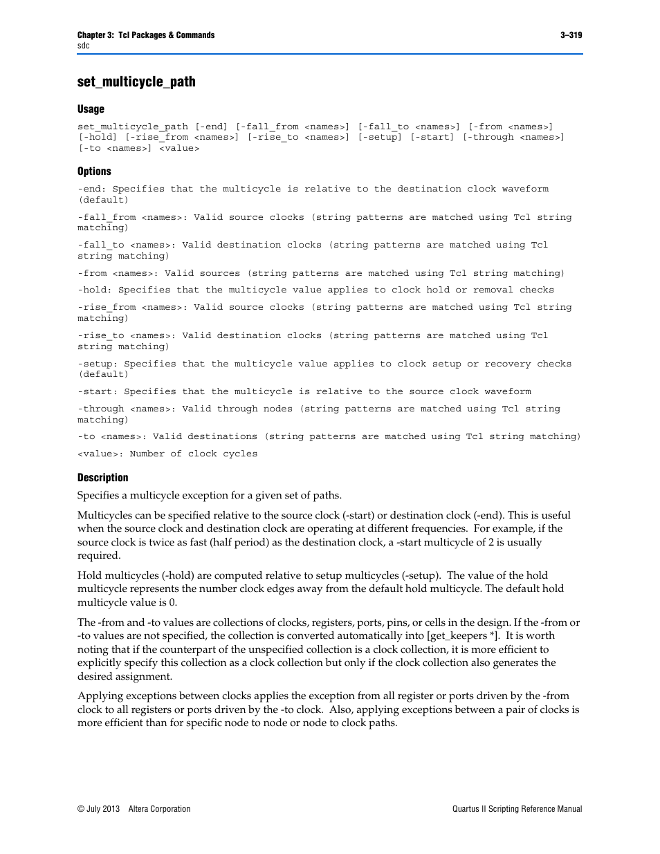Set_multicycle_path, Usage, Options | Description, Set_multicycle_path –319 | Altera Quartus II Scripting User Manual | Page 449 / 634