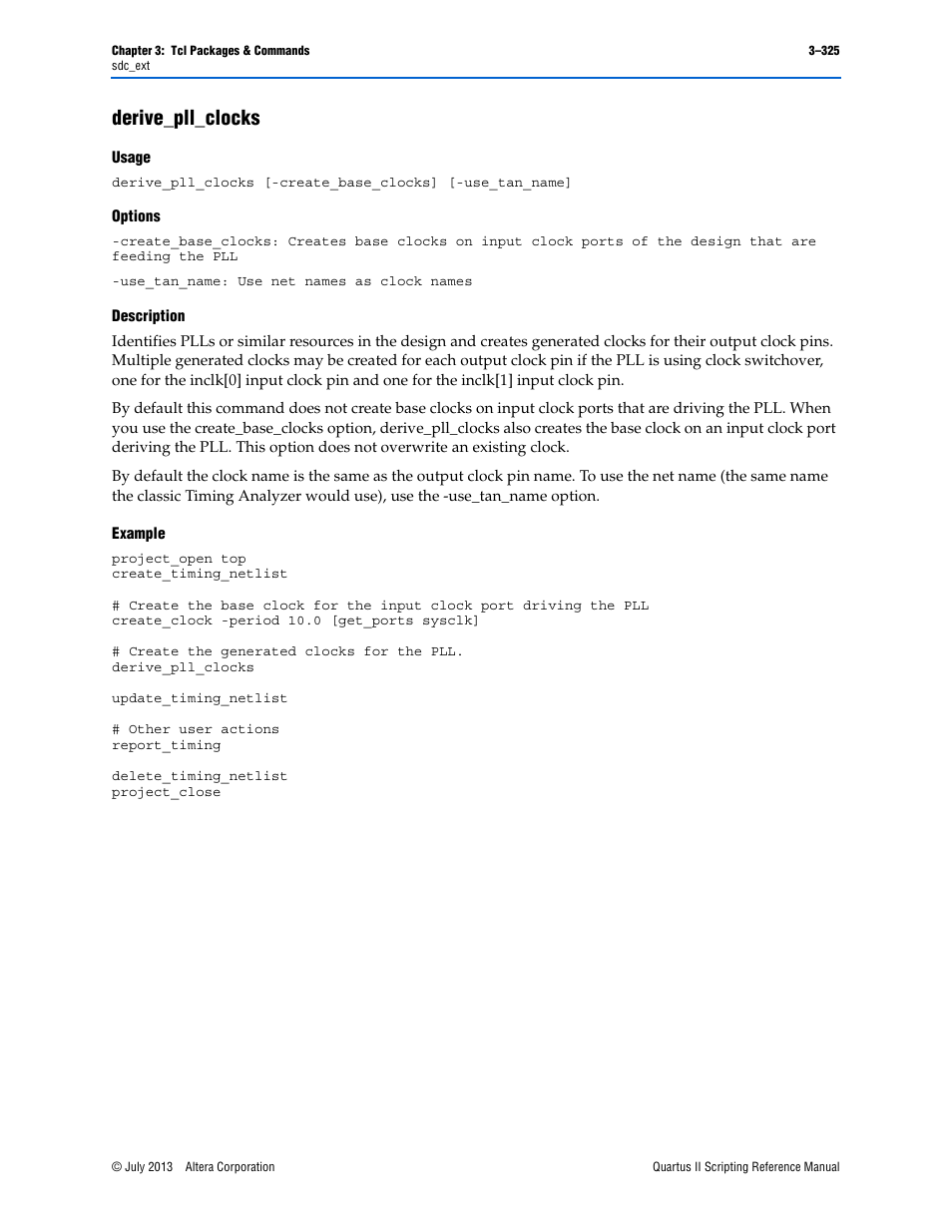 Derive_pll_clocks, Usage, Options | Description, Example, Derive_pll_clocks –325 | Altera Quartus II Scripting User Manual | Page 455 / 634
