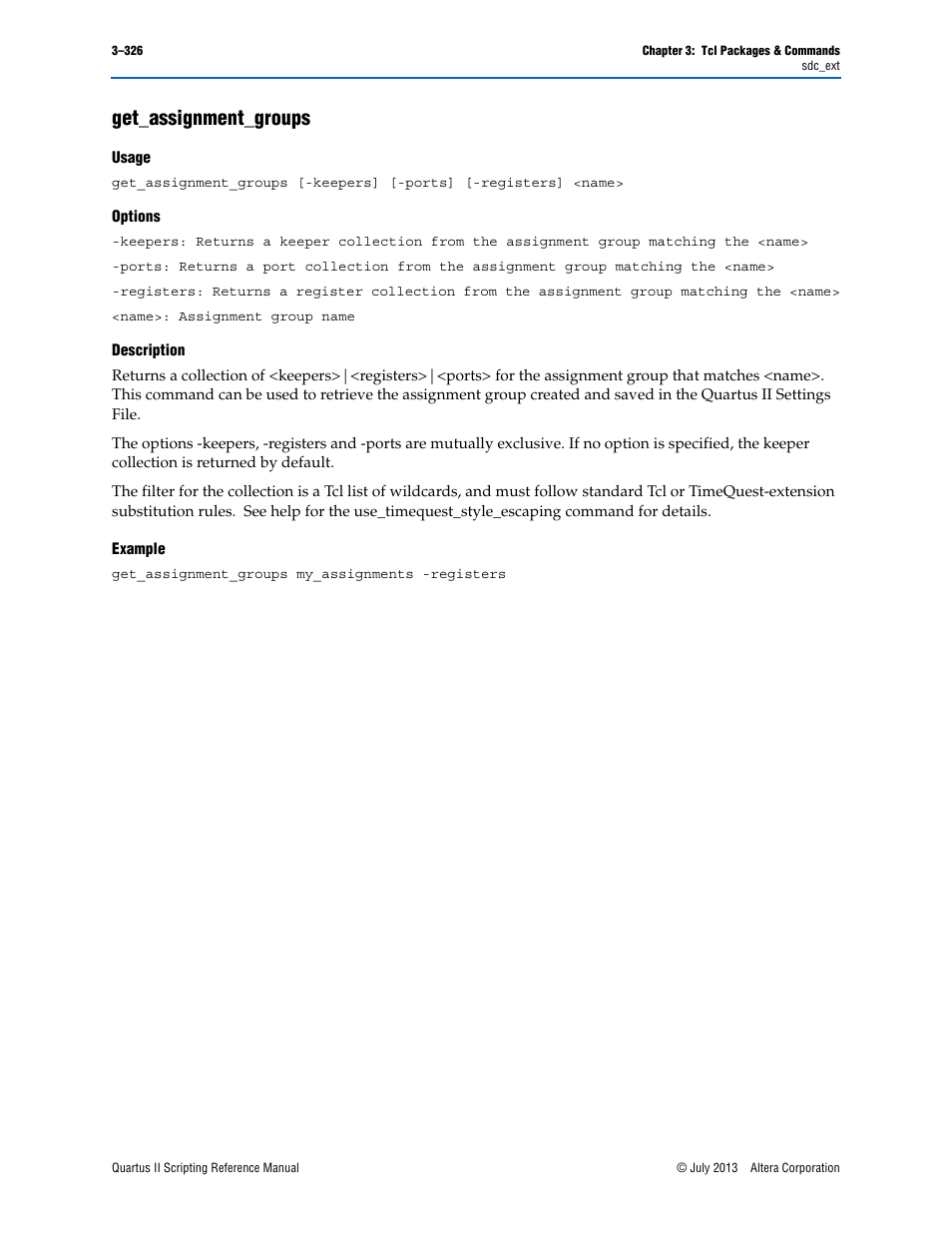 Get_assignment_groups, Usage, Options | Description, Example, Get_assignment_groups –326 | Altera Quartus II Scripting User Manual | Page 456 / 634