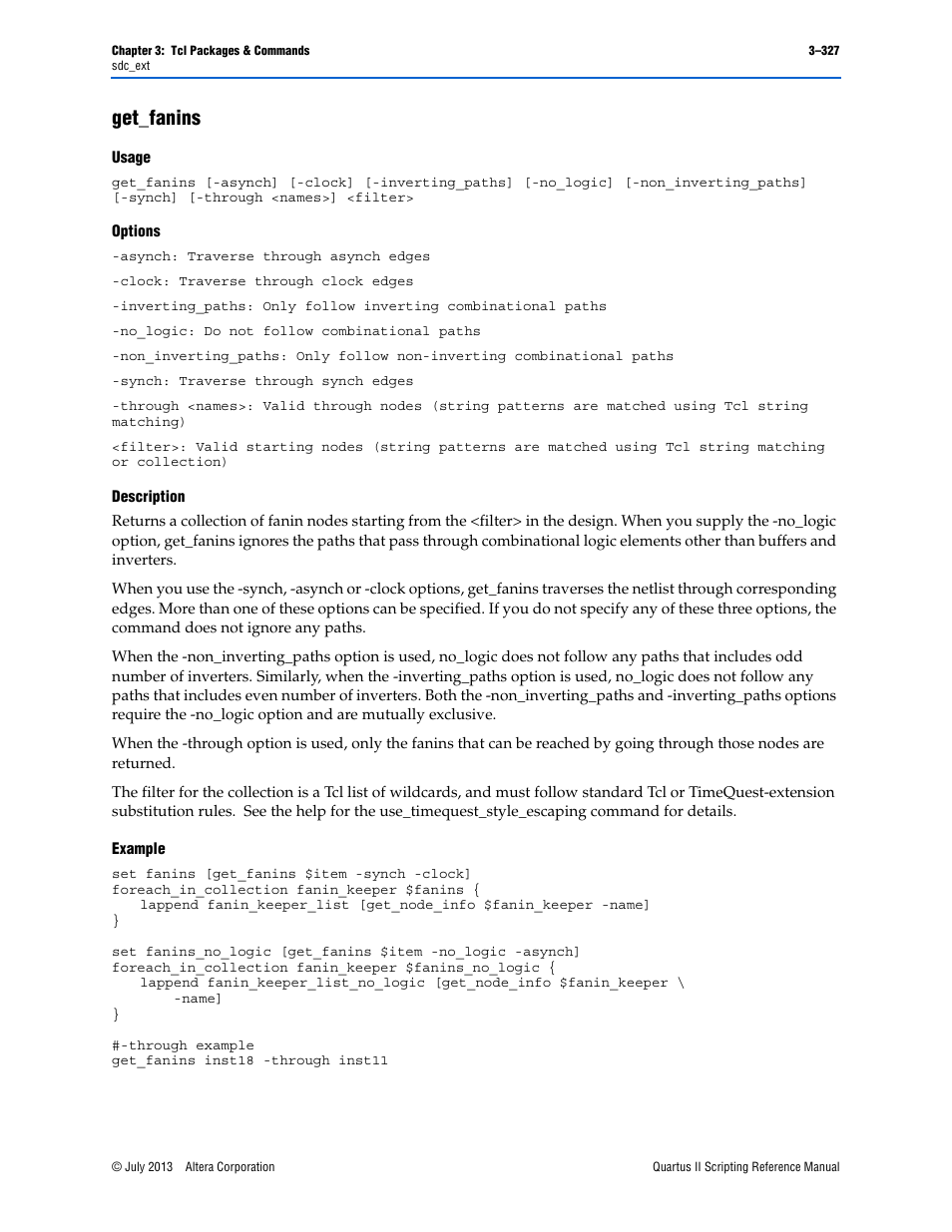 Get_fanins, Usage, Options | Description, Example, Get_fanins –327 | Altera Quartus II Scripting User Manual | Page 457 / 634