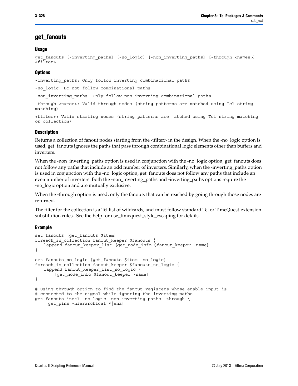 Get_fanouts, Usage, Options | Description, Example, Get_fanouts –328 | Altera Quartus II Scripting User Manual | Page 458 / 634