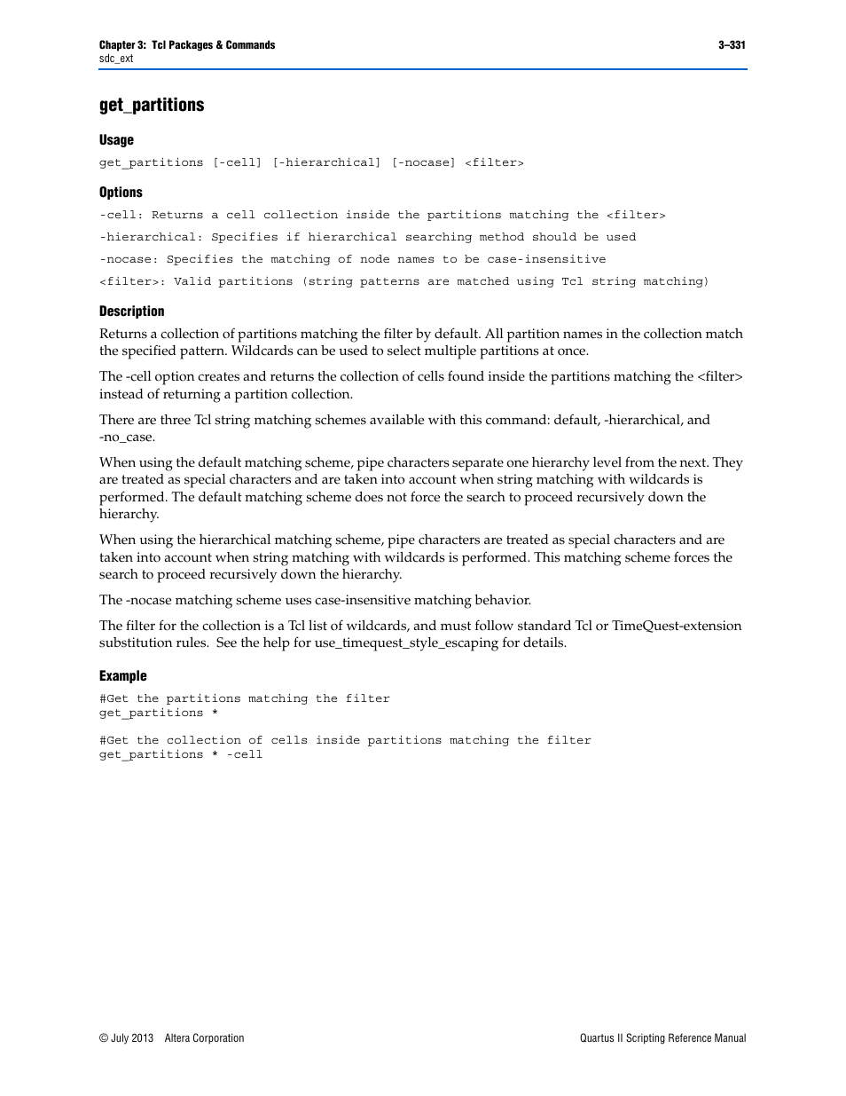 Get_partitions, Usage, Options | Description, Example, Get_partitions –331 | Altera Quartus II Scripting User Manual | Page 461 / 634