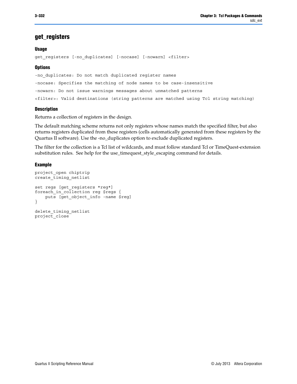 Get_registers, Usage, Options | Description, Example, Get_registers –332 | Altera Quartus II Scripting User Manual | Page 462 / 634