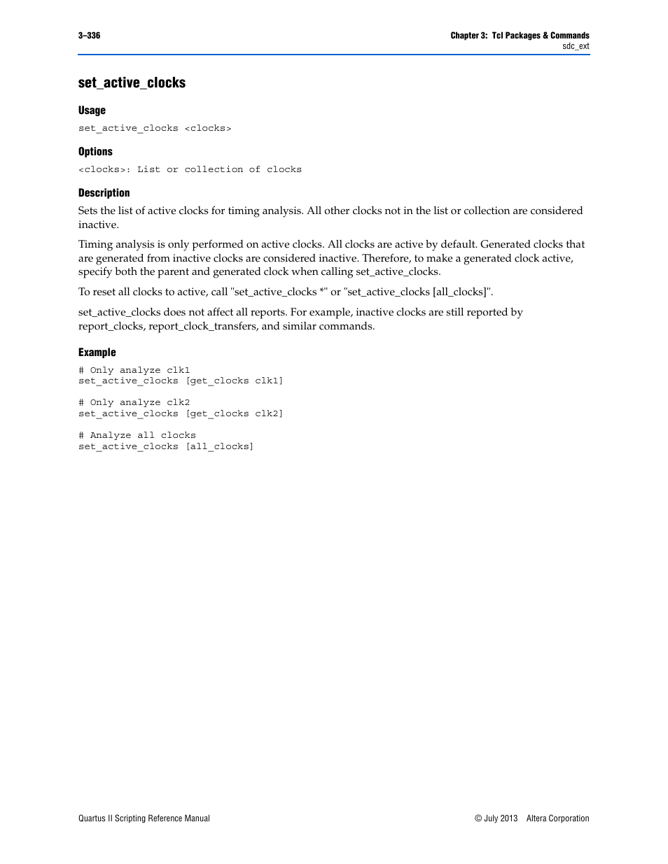 Set_active_clocks, Usage, Options | Description, Example, Set_active_clocks –336 | Altera Quartus II Scripting User Manual | Page 466 / 634