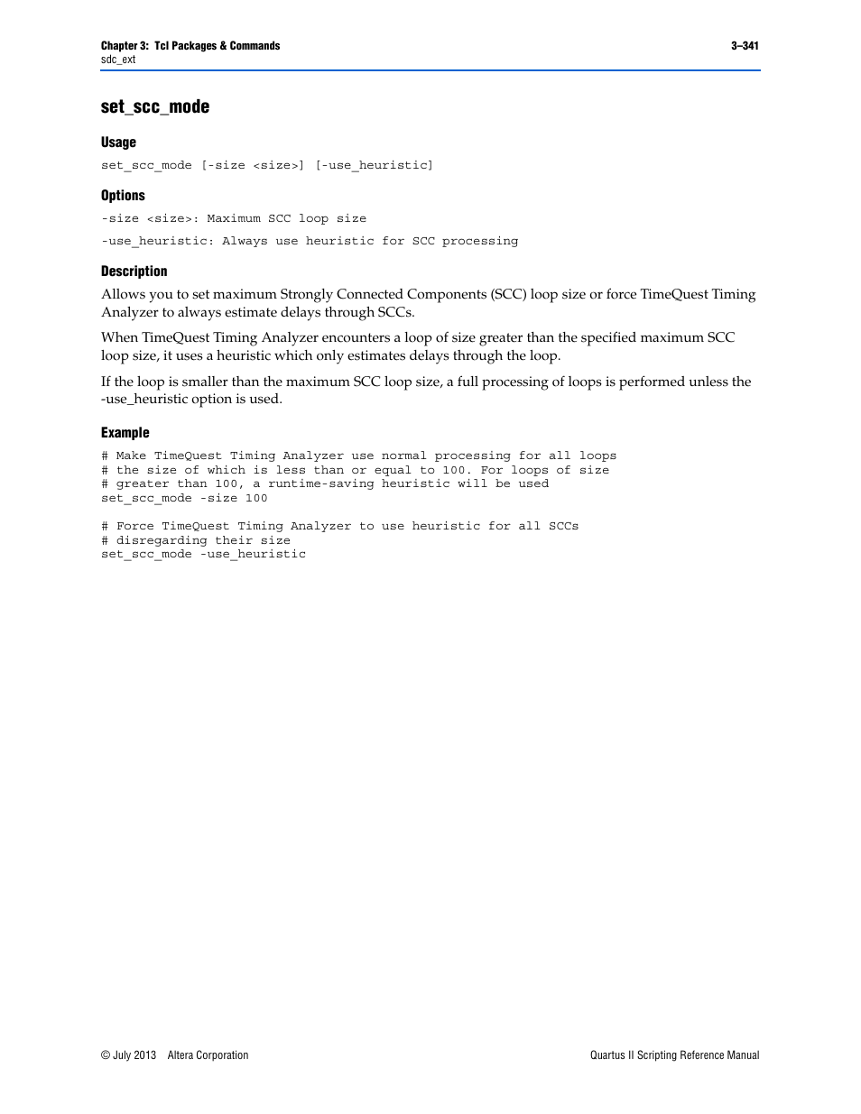 Set_scc_mode, Usage, Options | Description, Example, Set_scc_mode –341 | Altera Quartus II Scripting User Manual | Page 471 / 634