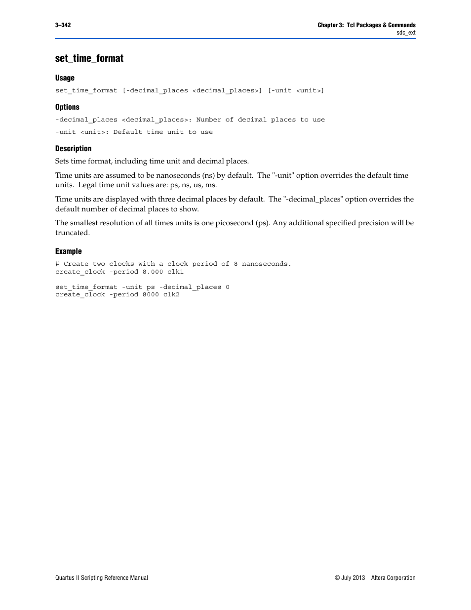 Set_time_format, Usage, Options | Description, Example, Set_time_format –342 | Altera Quartus II Scripting User Manual | Page 472 / 634