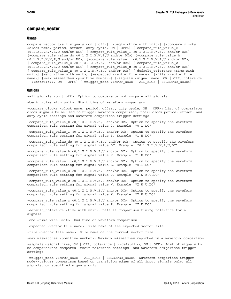 Compare_vector, Usage, Options | Compare_vector –346 | Altera Quartus II Scripting User Manual | Page 476 / 634