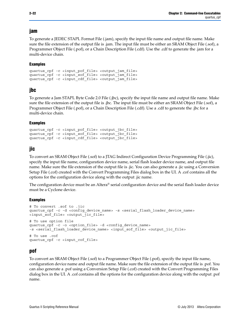 Examples, Jam –22 jbc –22 jic –22 pof –22, Jam –22 jbc –22 jic –22 | Pof –22 | Altera Quartus II Scripting User Manual | Page 48 / 634
