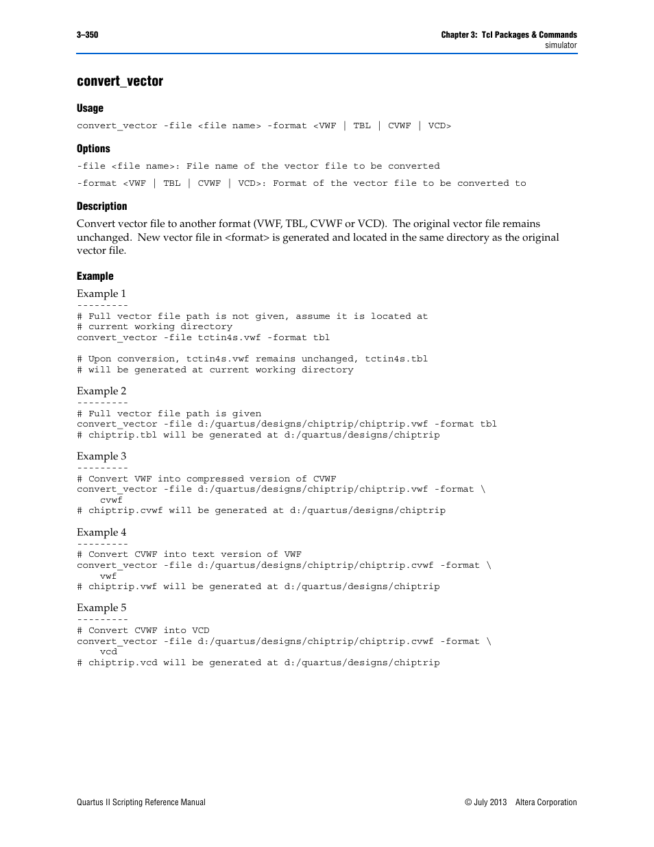 Convert_vector, Usage, Options | Description, Example, Convert_vector –350 | Altera Quartus II Scripting User Manual | Page 480 / 634