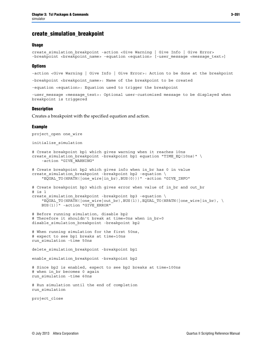 Create_simulation_breakpoint, Usage, Options | Description, Example, Create_simulation_breakpoint –351 | Altera Quartus II Scripting User Manual | Page 481 / 634