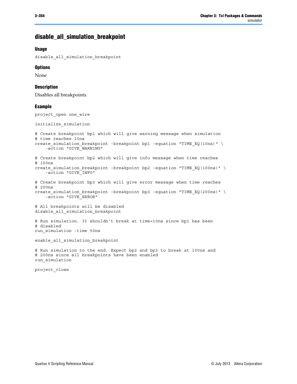 Disable_all_simulation_breakpoint, Usage, Options | Description, Example, Disable_all_simulation_breakpoint –354 | Altera Quartus II Scripting User Manual | Page 484 / 634