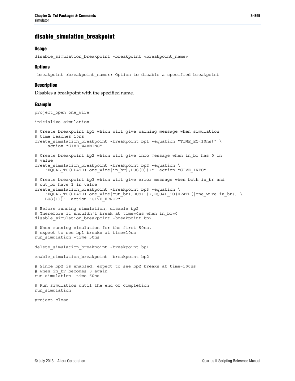 Disable_simulation_breakpoint, Usage, Options | Description, Example, Disable_simulation_breakpoint –355 | Altera Quartus II Scripting User Manual | Page 485 / 634