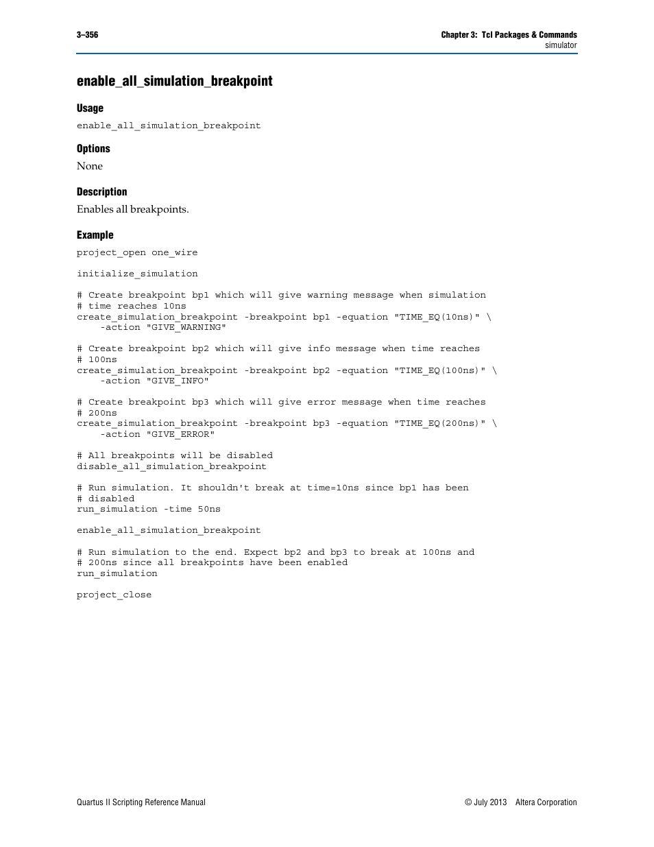 Enable_all_simulation_breakpoint, Usage, Options | Description, Example, Enable_all_simulation_breakpoint –356 | Altera Quartus II Scripting User Manual | Page 486 / 634