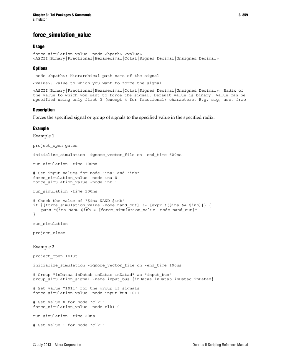Force_simulation_value, Usage, Options | Description, Example, Force_simulation_value –359 | Altera Quartus II Scripting User Manual | Page 489 / 634