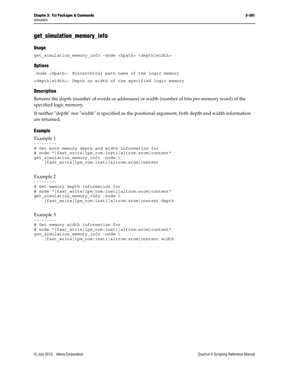 Get_simulation_memory_info, Usage, Options | Description, Example, Get_simulation_memory_info –361 | Altera Quartus II Scripting User Manual | Page 491 / 634