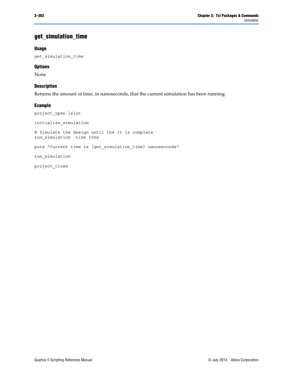 Get_simulation_time, Usage, Options | Description, Example, Get_simulation_time –362 | Altera Quartus II Scripting User Manual | Page 492 / 634