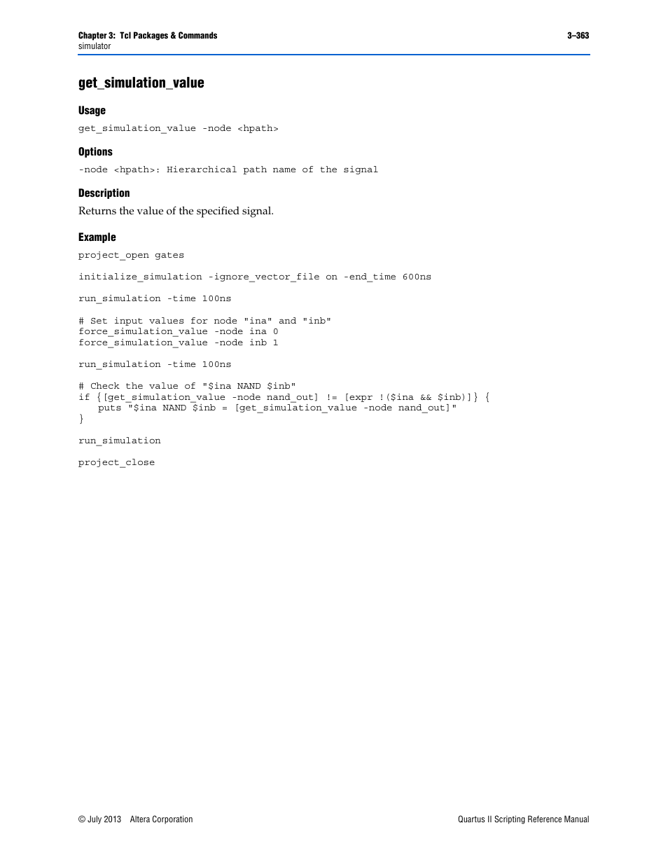 Get_simulation_value, Usage, Options | Description, Example, Get_simulation_value –363 | Altera Quartus II Scripting User Manual | Page 493 / 634