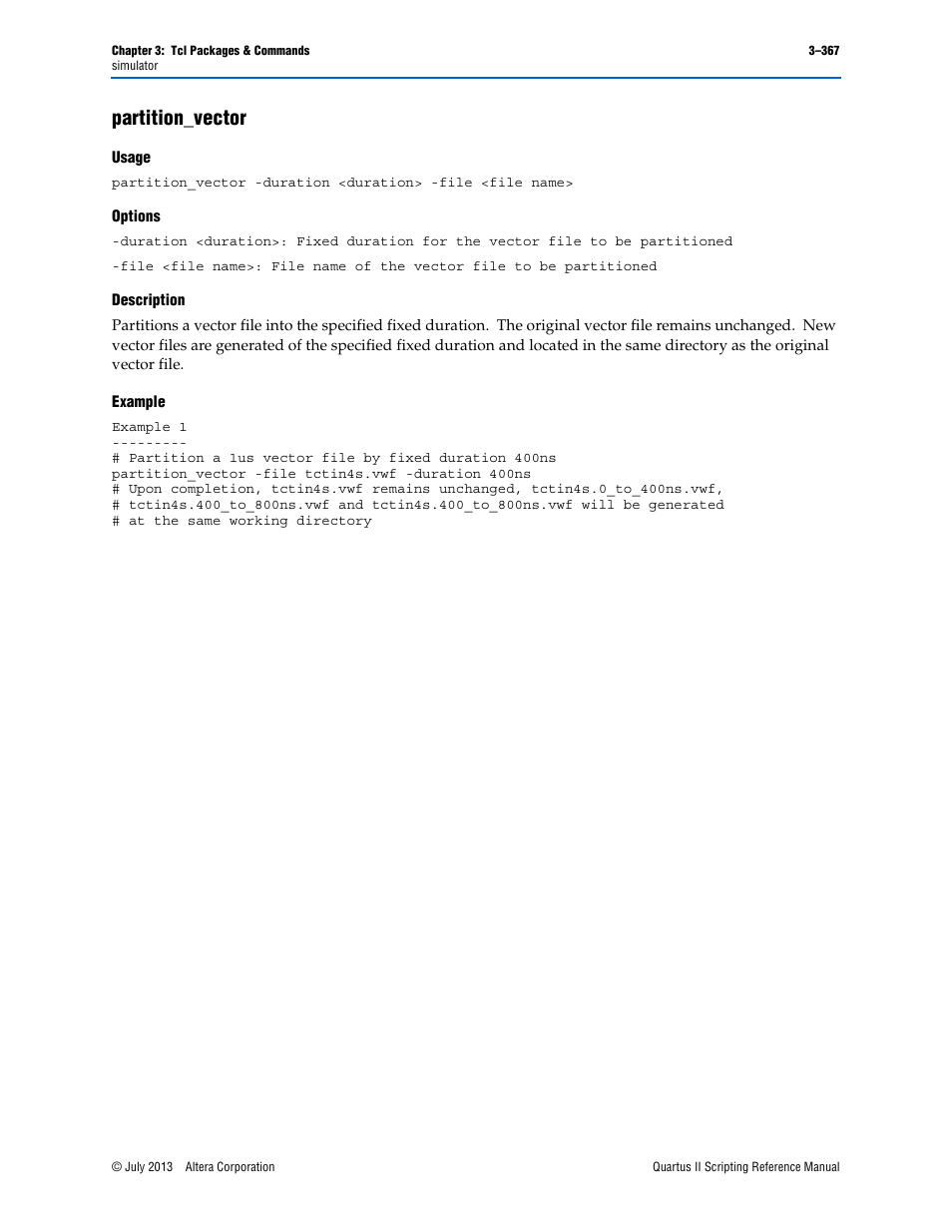 Partition_vector, Usage, Options | Description, Example, Partition_vector –367 | Altera Quartus II Scripting User Manual | Page 497 / 634
