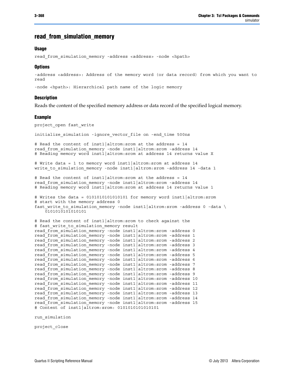 Read_from_simulation_memory, Usage, Options | Description, Example, Read_from_simulation_memory –368 | Altera Quartus II Scripting User Manual | Page 498 / 634