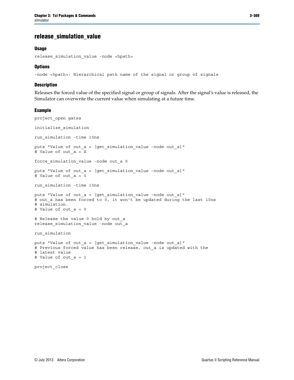 Release_simulation_value, Usage, Options | Description, Example, Release_simulation_value –369 | Altera Quartus II Scripting User Manual | Page 499 / 634