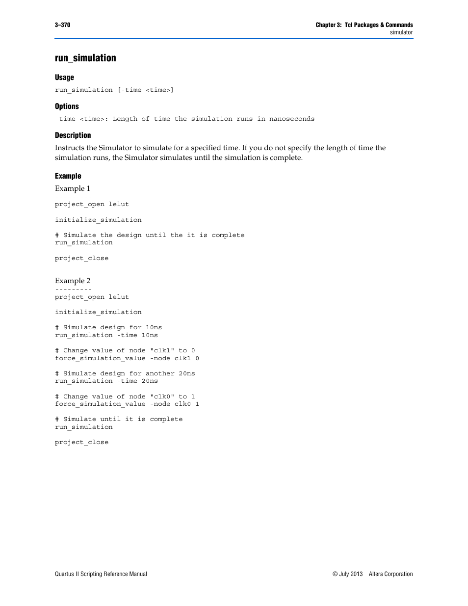 Run_simulation, Usage, Options | Description, Example, Run_simulation –370 | Altera Quartus II Scripting User Manual | Page 500 / 634