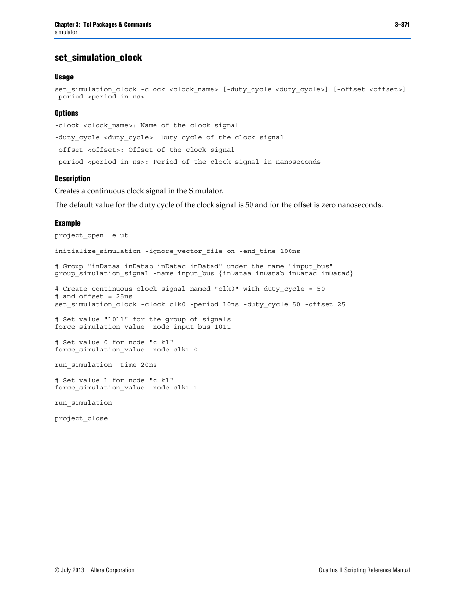 Set_simulation_clock, Usage, Options | Description, Example, Set_simulation_clock –371 | Altera Quartus II Scripting User Manual | Page 501 / 634