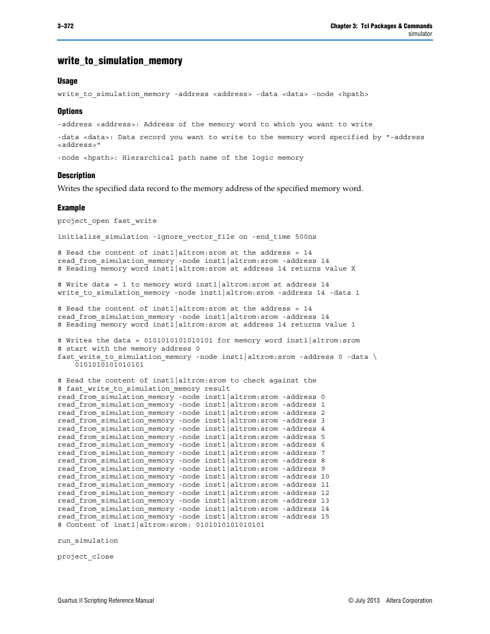 Write_to_simulation_memory, Usage, Options | Description, Example, Write_to_simulation_memory –372 | Altera Quartus II Scripting User Manual | Page 502 / 634