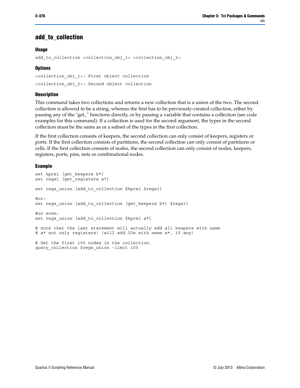 Add_to_collection, Usage, Options | Description, Example, Add_to_collection –376 | Altera Quartus II Scripting User Manual | Page 506 / 634