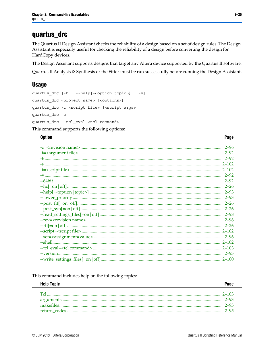Quartus_drc, Usage, Quartus_drc –25 | Usage –25 | Altera Quartus II Scripting User Manual | Page 51 / 634