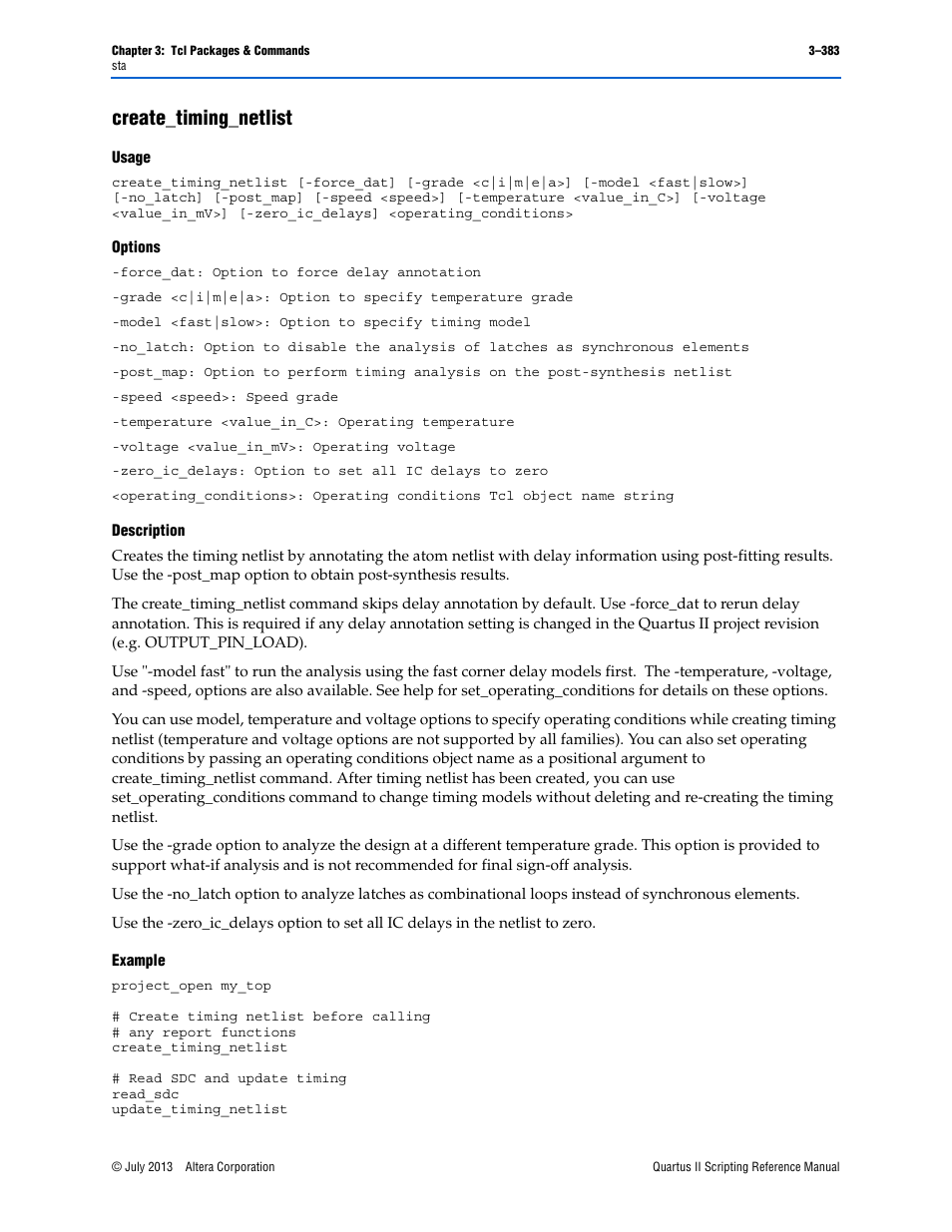 Create_timing_netlist, Usage, Options | Description, Example, Create_timing_netlist –383 | Altera Quartus II Scripting User Manual | Page 513 / 634