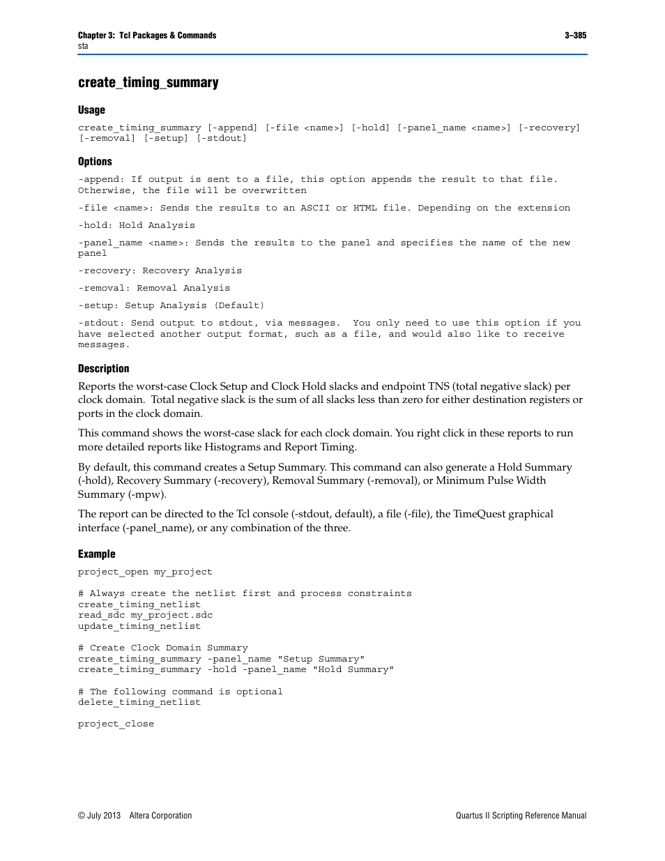 Create_timing_summary, Usage, Options | Description, Example, Create_timing_summary –385 | Altera Quartus II Scripting User Manual | Page 515 / 634